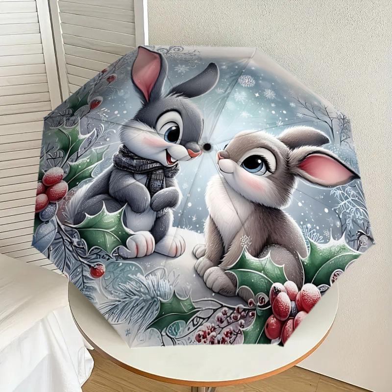 1PC Winter Rabbits Automatic Open/Close Umbrella with Windproof, 8-Rib Sturdy Canopy, Durable Ribs, Fashionable Design, Outdoor Accessory, Fun Prin, H