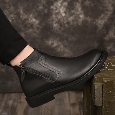 Martin Boots Men's Short Boots Cowhide Round Head Zipper Leather Boots Medium Help Men's Boots Trend Korean Version Retro Boots Men's British Style