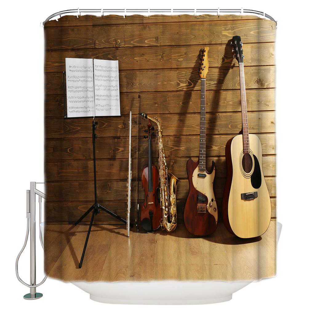 Music Decor Electric Guitars On Lighted Wooden Floor Shower Curtains Polyester Fabric Waterproof Bath Curtain Shower Curtain