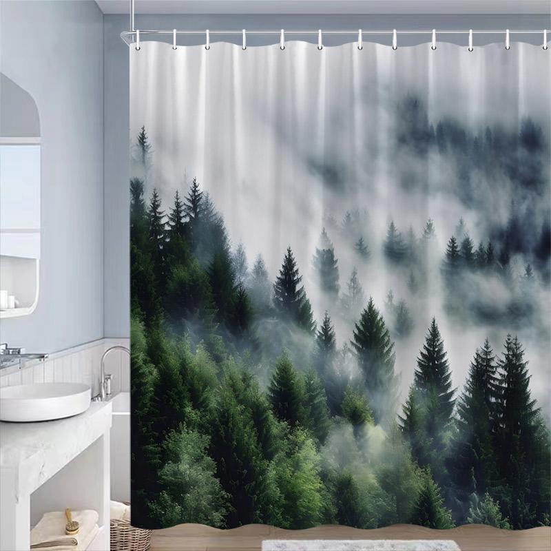 Misty Forest Shower Curtains Pine Trees Mountain Plant Birds Blue Abstract Art Landscape Polyester Fabric Bathroom Curtain Decor