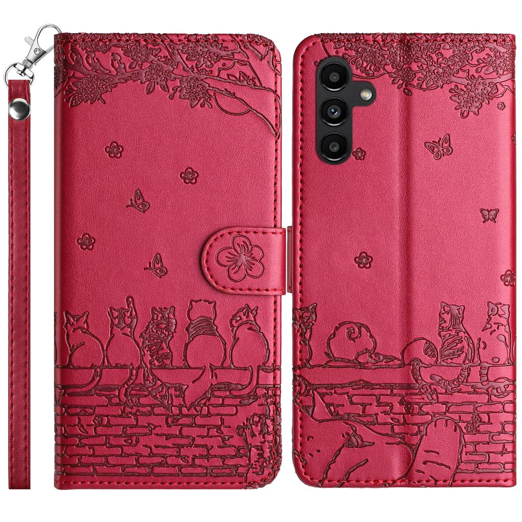 For Samsung Galaxy S23 FE Case with Wrist Strap Leather Phone Cover Wall Cats Pattern