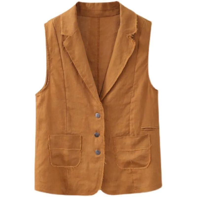 Solid Color Cotton Vest Women's Spring and Autumn Vest Lapel Pocket Waistcoat Waistcoat Outer Thin Section