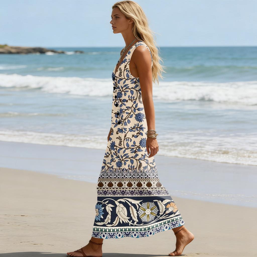 Sleeveless V Neck Floral Print Maxi Dress for Women Casual Bohemian Style Summer Long Sundress with Pockets