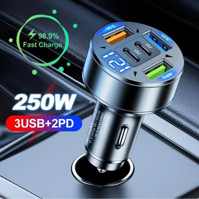 250W 5 Ports Autoladegerät Schnelllade PD QC3.0 USB C Autotelefonladegerät Adapter mit Spannung für iPhone Samsung Huawei Xiaomi