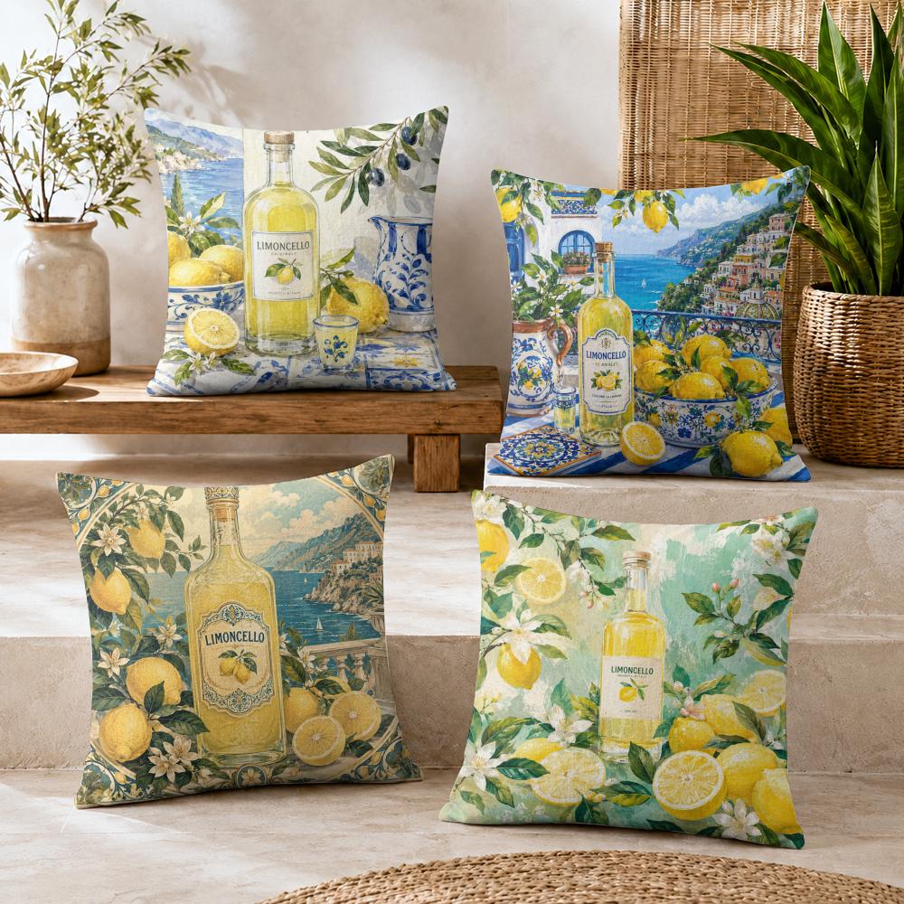Limoncello Gouache Painting Cushion Cover Durable Hypoallergenic Organic Linen Pillow Cover Short Size Washable SkinFriendly