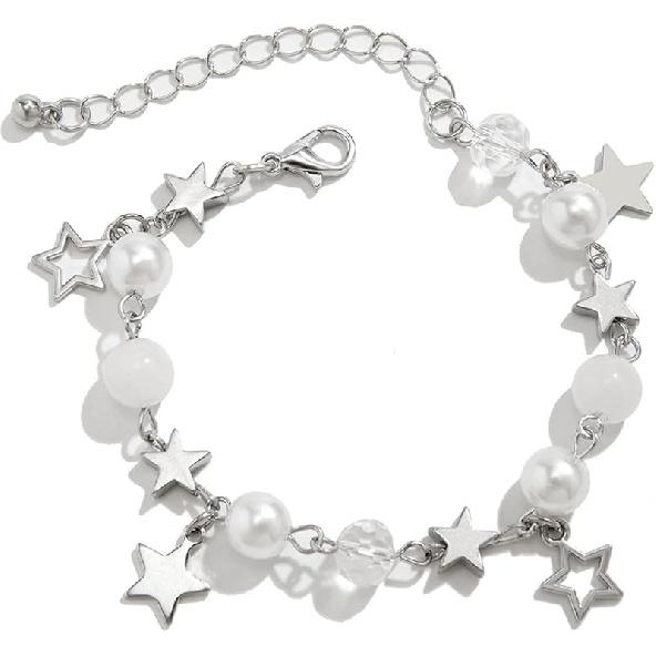 1/2Pcs Set Y2K Star Pearl Heart Crystal Chain Adjustable Aesthetic Bracelet Grunge Gift for Women Jewelry Gifts Punk Gothic Link Dainty Bracelet