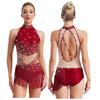 Womens Rhinestones Latin Dance Performance Gymnastics Figure Skating Costume Jazz Dance Outfits Tassels Adorned Leotard Bodysuit