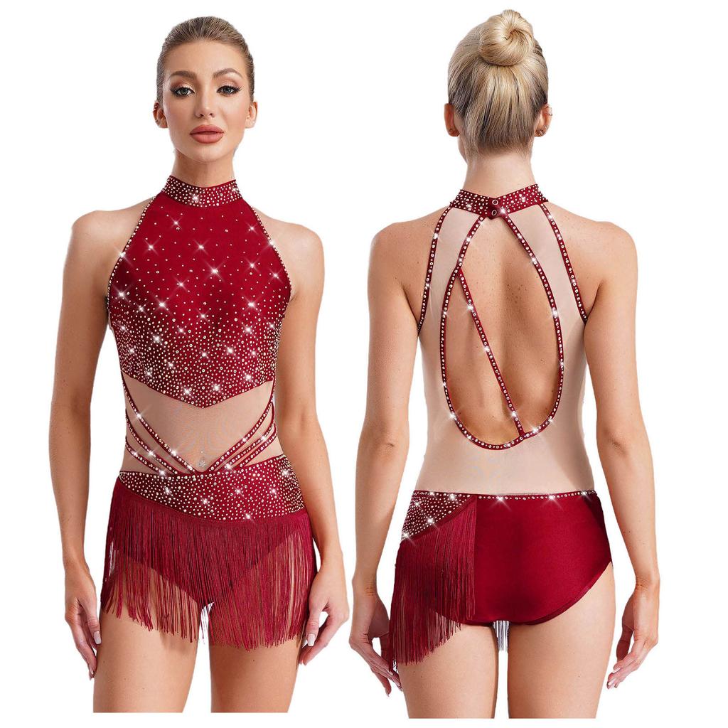 Womens Rhinestones Latin Dance Performance Gymnastics Figure Skating Costume Jazz Dance Outfits Tassels Adorned Leotard Bodysuit