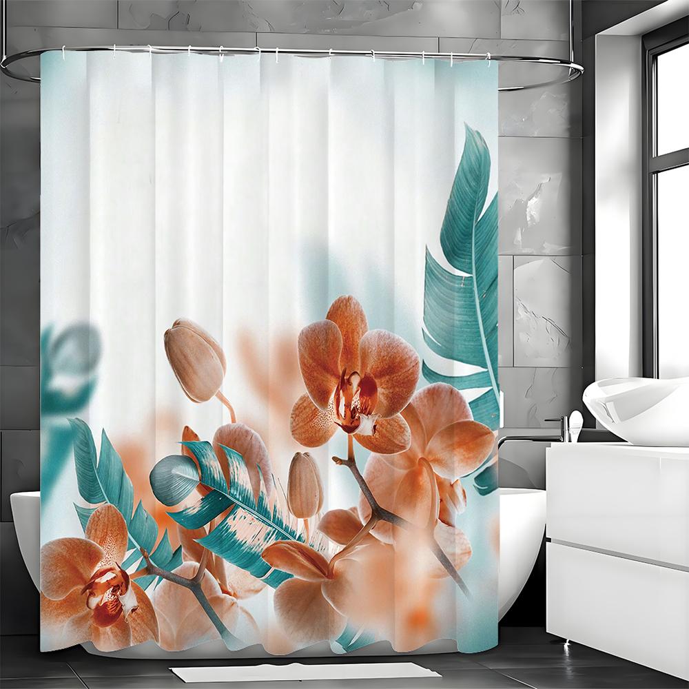 Blue Green and Orange Floral Orchid Leaf Shower Curtain, Bathroom Decorative Shower Curtain, Waterproof Shower Curtain with Hook