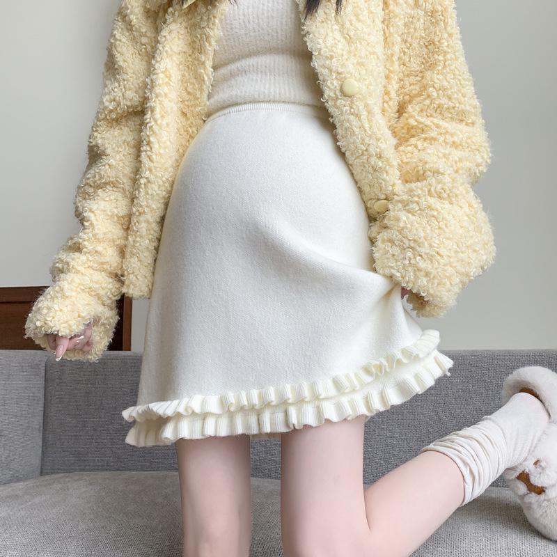 

Maternity Knit Wool Ruffle Hem Midi Skirt - Slim Fit A-Line for Fall/Winter XL чёрный