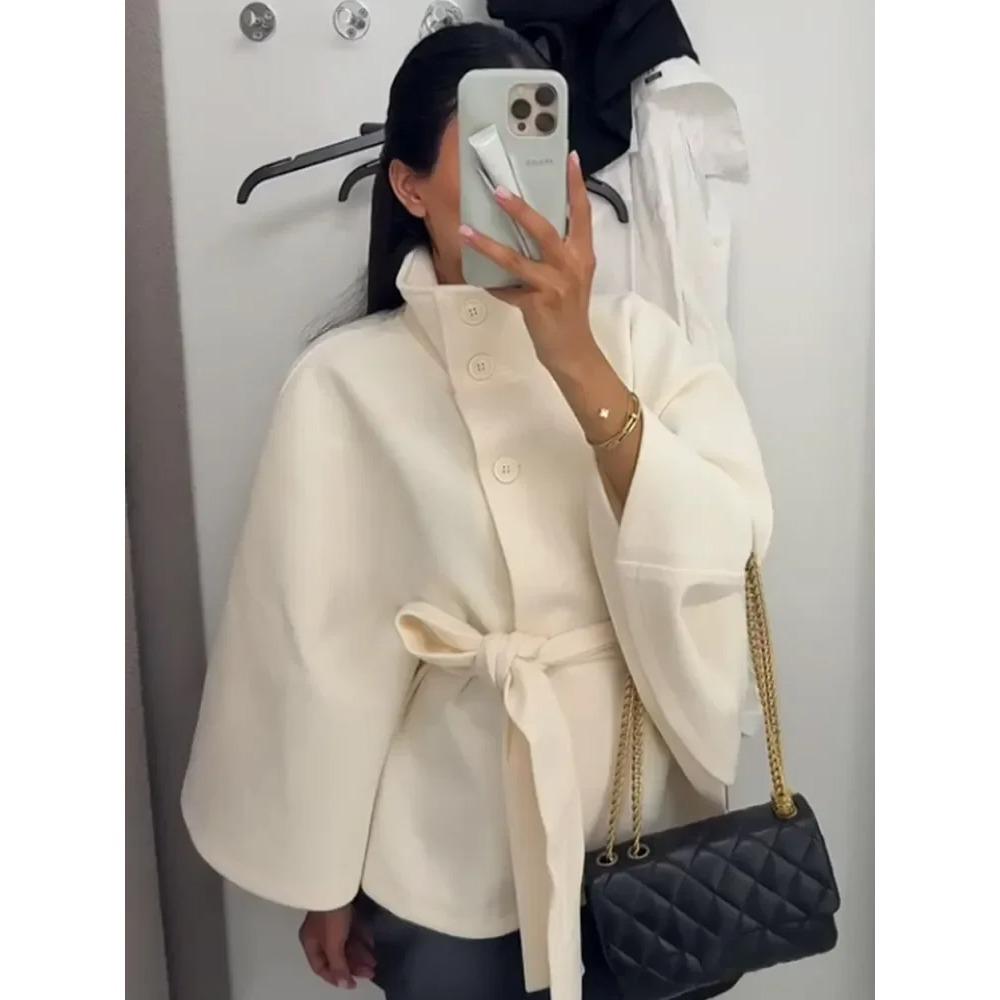 Fashion Solid Women's Lace Up Cape Coats Loose Stand Collar Batwing Sleeve Button Leisure Jackets