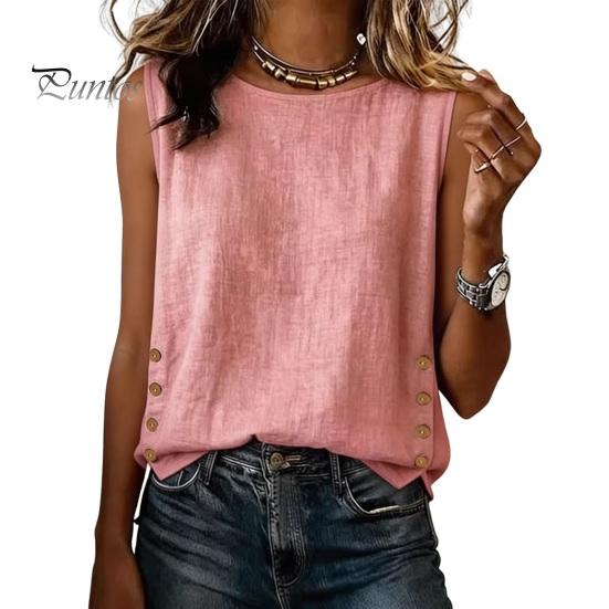 Loose Fit Tops Summer for Women, Round Neck Sleeveless Pullover Tops, Pure Color Stretchy Women Regular Vest Work Party Vacation Office Date