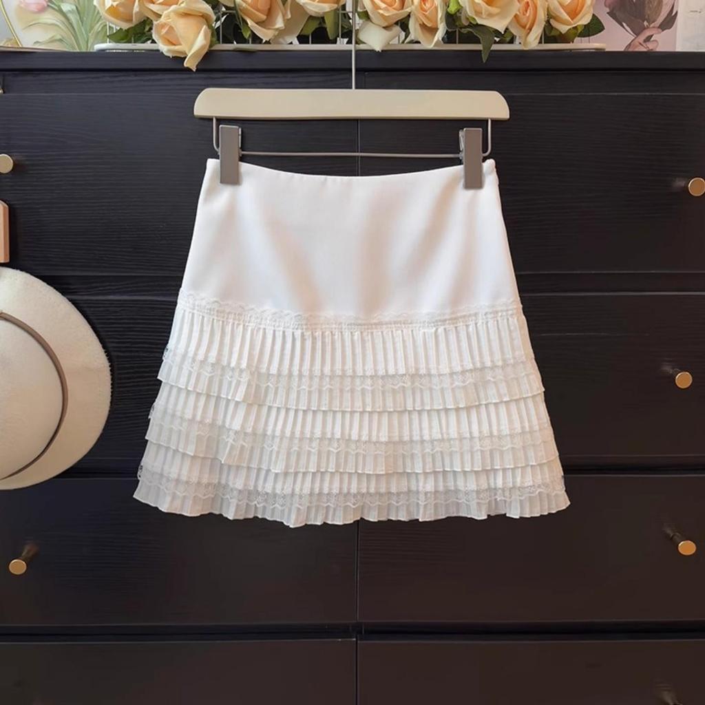 Autumn Lace Trim High Waist A-Line Pleated Skirt for Women, Plus Size, Anti-Exposure