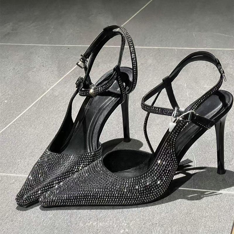 Fashion French Toe Rhinestone High Heels 2025 Spring/Summer New Style Elegant Lady Sandals For Women With Thin Heels And Pointed Tips