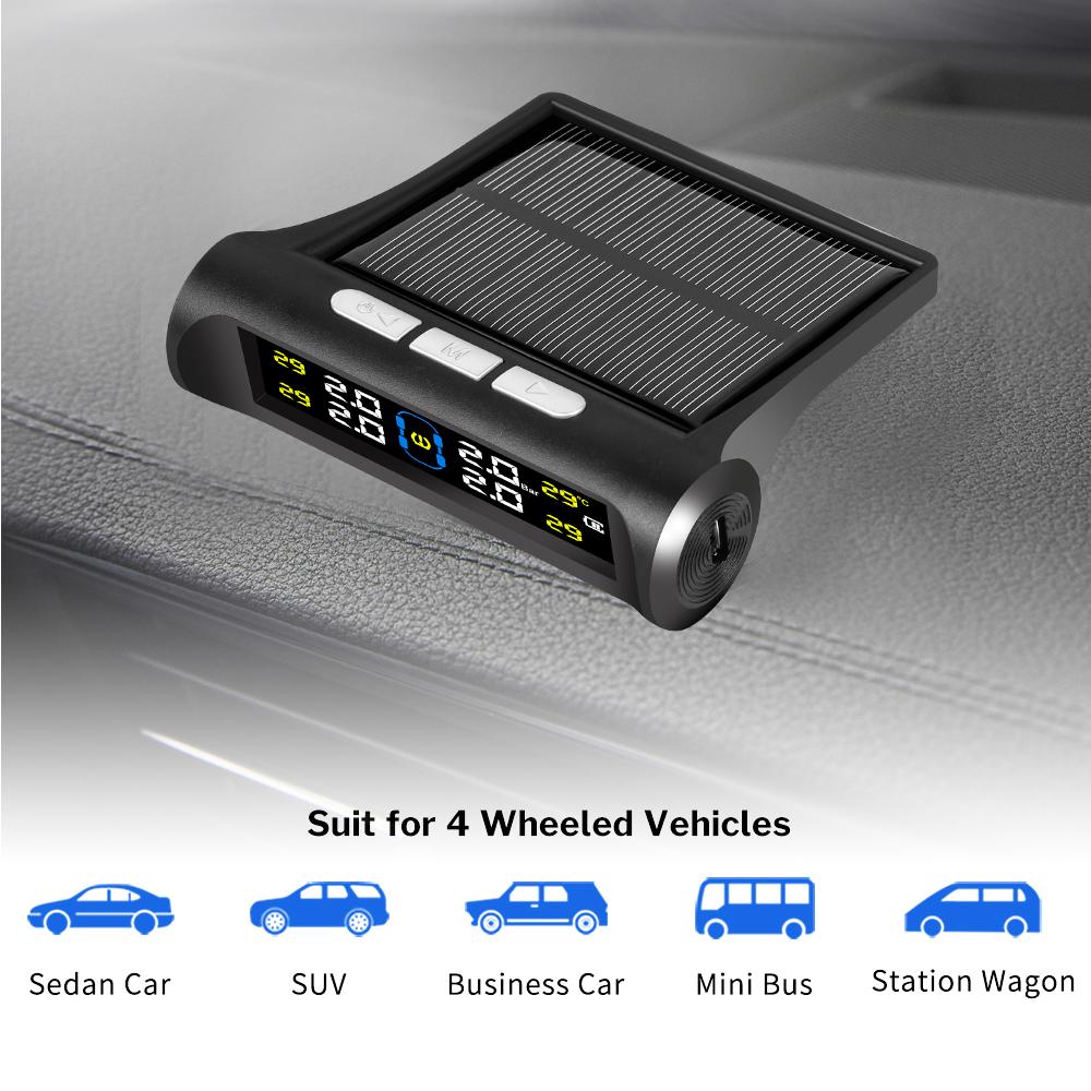 Universal All-Weather Solar/USB TPMS IPX7 Waterproof Tire Pressure Monitor System with Multi-Vehicle Support