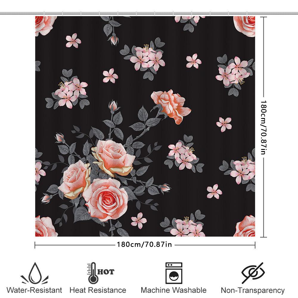 Delightful Floral Shower Curtain, Pink Roses Gray Blossoms Decor, Black Bath Fabric Curtain For Bathroom Decor, Waterproof Showe