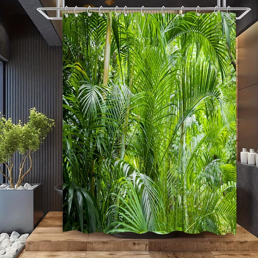 Tropical Green Plant Shower Curtain - Natural Jungle Scenery, Polyester, Washable, Includes Hooks For Bathroom Decor