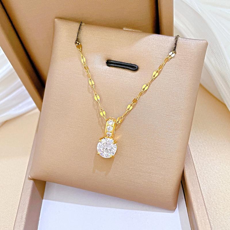 Fashion Trendy Geometric Pendant Necklace Titanium Steel Real Gold Plated Micro Inlaid Zircon Sweater Choker for Women Gift
