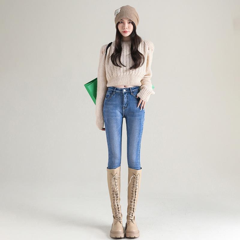 Fleece thickened jeans women's winter, women's high waist black small feet tight-fitting extended fleece outer pants