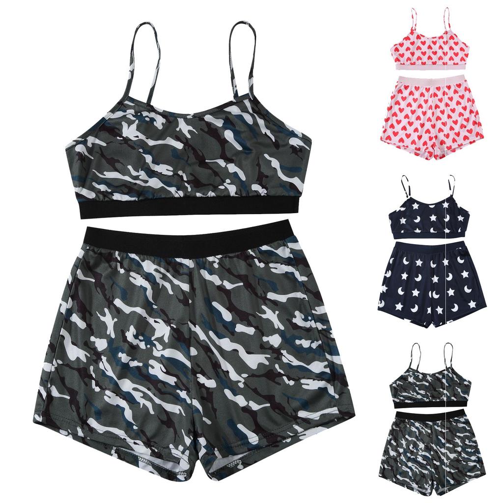 Women's Sexy Slim Printed Suspender Split Boxer Shorts Cool Pajamas Sexy Navel Exposed Suit (Two Piece)