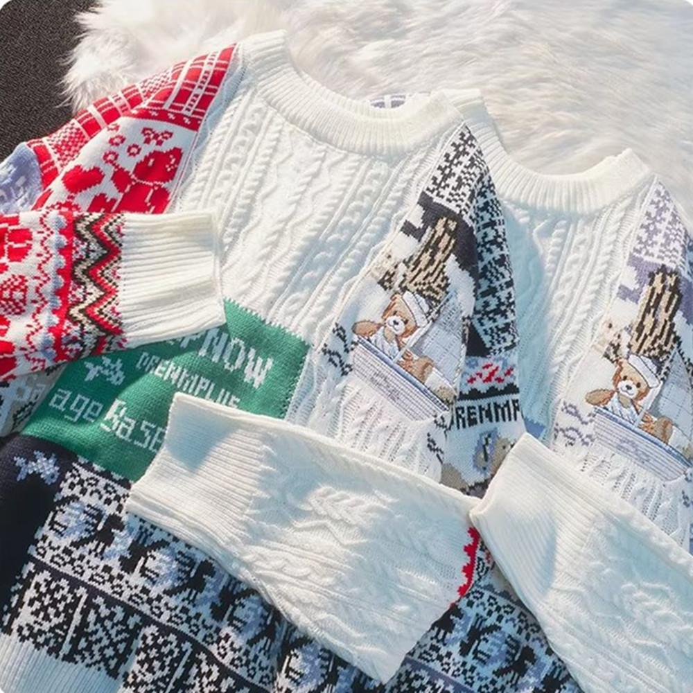 Winter Men Turtleneck Sweaters Christmas Ski Bear Knitted Pullovers Casual Sweaters Male Knitwear Patchwork Pullover Men