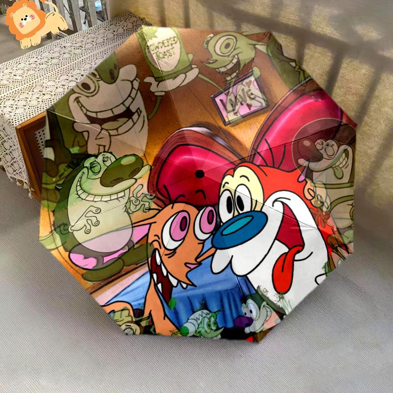 Ren and Stimpy pattern, automatic folding umbrella, portable and foldable design, 8 ribs, a Christmas or birthday gift.