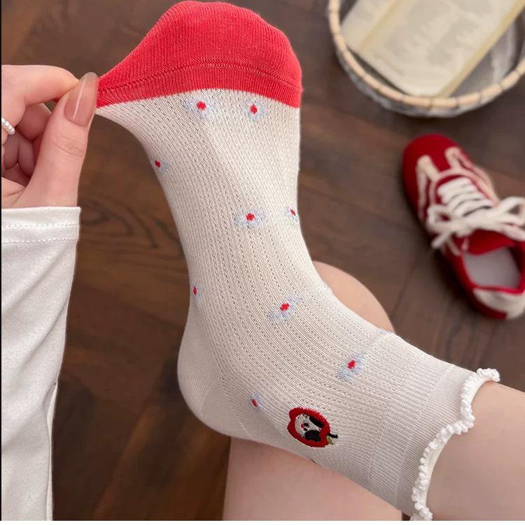 Spring-Summer Korean Style Red Embroidered Cartoon Cotton Ruffle Socks for Women