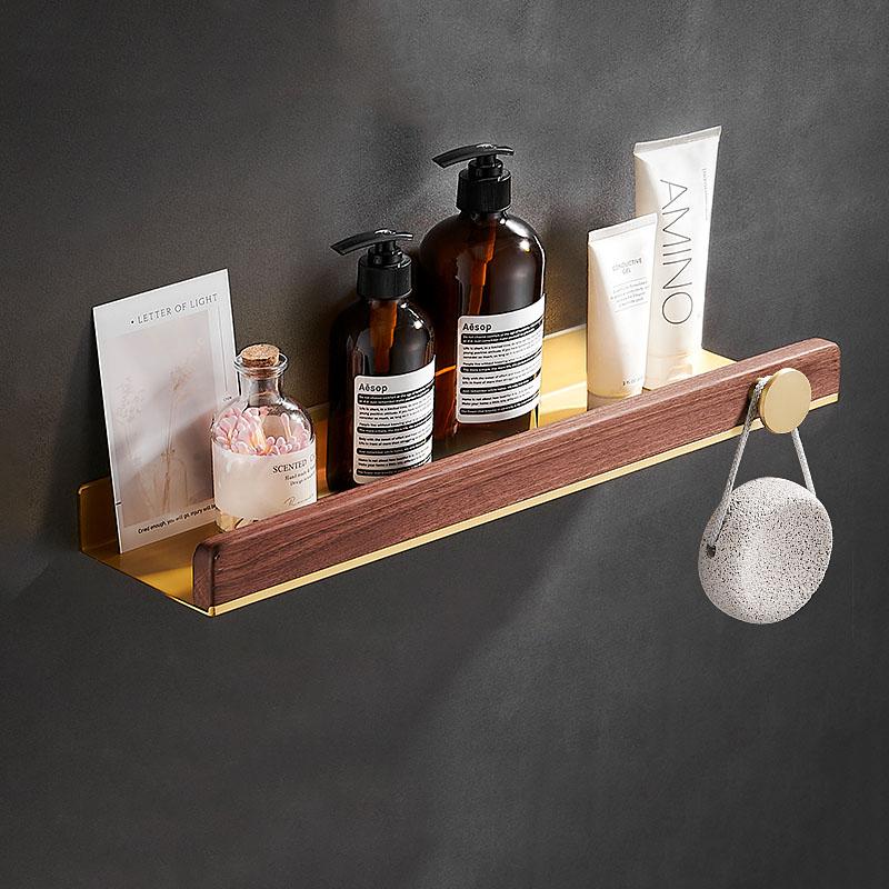 30-50cm Brushed Gold Bathroom Corner Shelf Wall-mounted Shower Room Toilet Walnut Wood Cosmetic Storage Rack with Hook Rod
