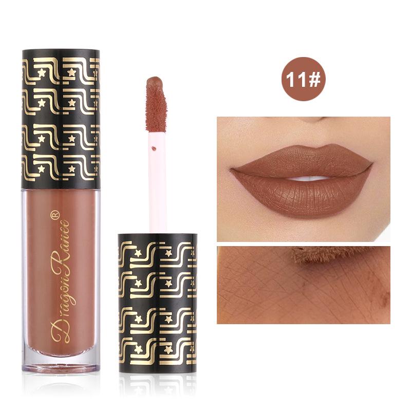 DragonRanee Matte Waterproof Lip Glaze in Purple, Blue, Green, Black, and Gold Foil with Earthy Tones.