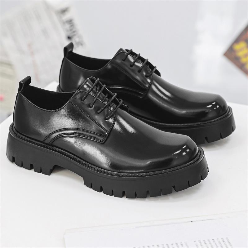 Men's Casual Business Leather Derby Shoes Trendy Mens Lace-up Thick Sole Heightened Shoe British Style