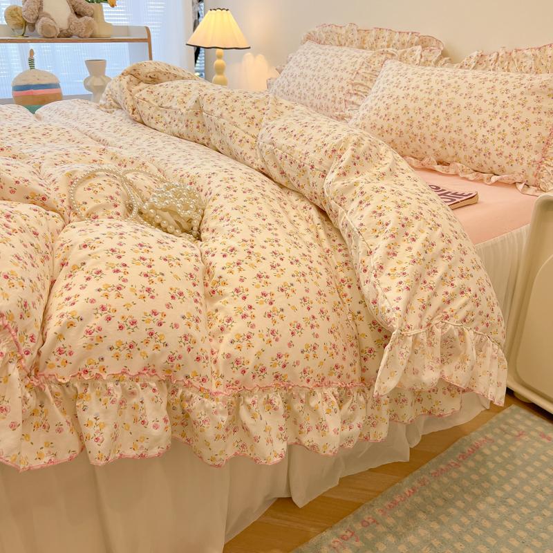 3/4Pc Korean Princess Style Floral Ruffles Bedding Set Single Queen Size Soft Skin-friendly Washed Cotton Duvet Cover Pillowcase