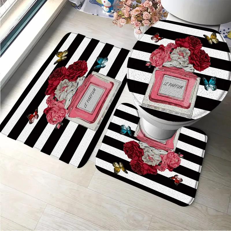 3pcs Set Perfume Flower Butterfly Bath Mat Bathroom Rugs Anti Slip Black White Stripes Bathtub Side Mats Doormat Carpet Decor