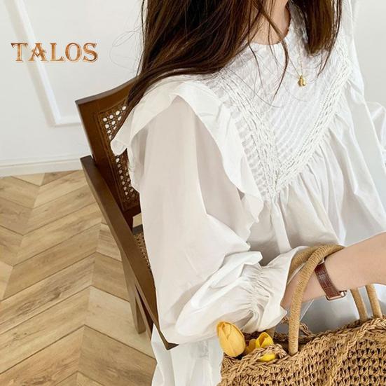 Women Shirt Round Neck Lantern Long Sleeve Pullover Tops Solid Color Loose Fit Ruffle Trim Pleated Blouse Daily Wear