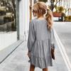 Women Autumn Winter Casual Dress Striped V Neck Full Sleeve Simple Oversize Gray S M L XL