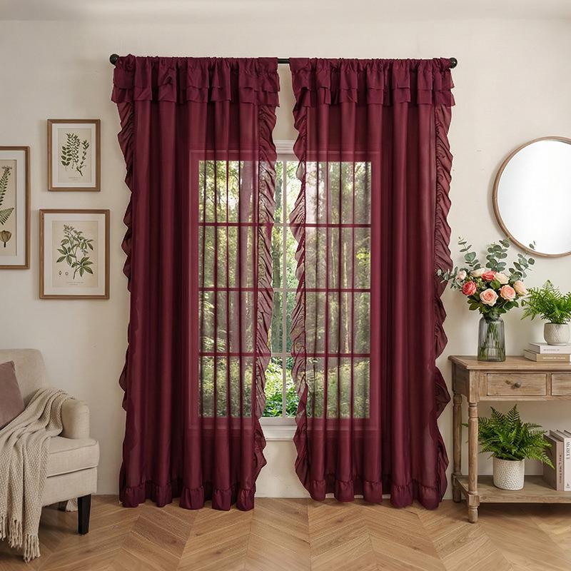 Finished Simple Wind Solid Color Curtain Curtain Dream Ruffle Leaf Edge Translucent Thin Window Screen