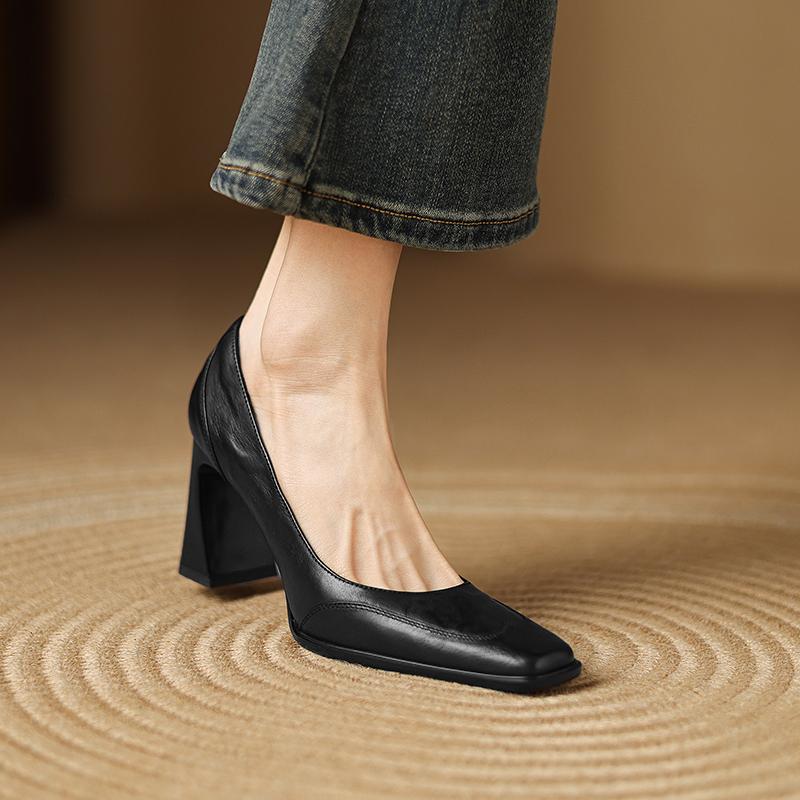 Fashion 2025 New Fashion Women High Quality Cow Leather Pumps Comfortable Thick Heels Slip on Solid Color Dress Party Pumps Shoes Woman