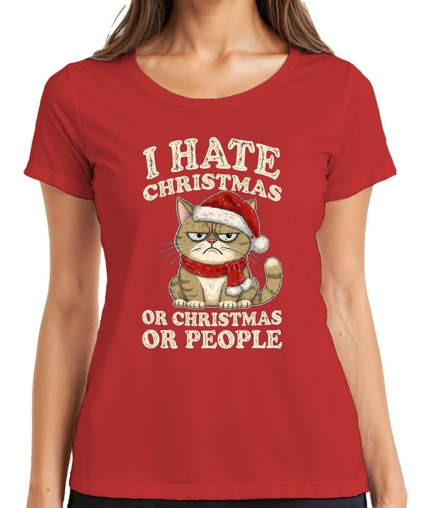 I Hate Christmas Or Christmas Or People Funny Cat Sarcastic Ladies TShirt
