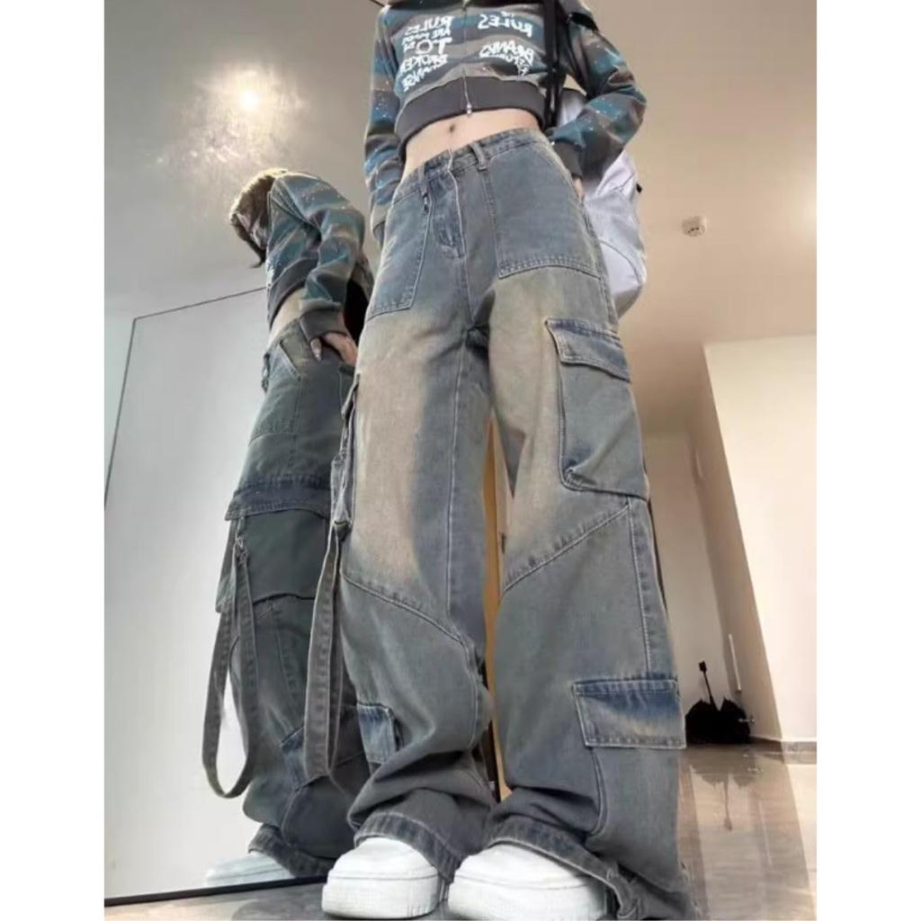 Belle Cie Wide Cargo Denim Street Style Women's Pants, (ST/No. 27881) (L)