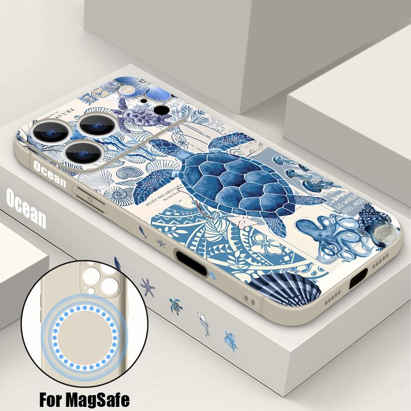 Magnetic For Magsafe Case For iPhone 17 Pro Max Deep Sea Fish Turtle Print Soft Silicone Phone Back Cover For iPhone 16 15 14 13 Pro Max 16e 17e