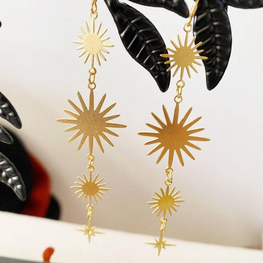 Temperament Bohemian Gold Color Stainless Steel Sun Awn Star Long Pendant Dangle Earrings for Women Charm Jewelry Accessory Gift