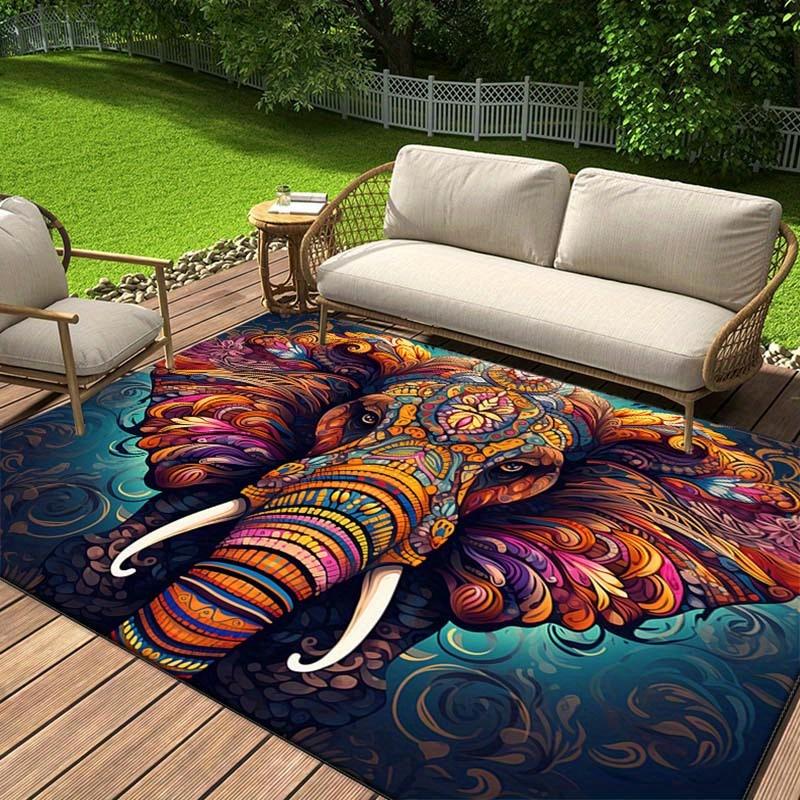 Colorful Elephant Rug for Outdoor Patios | Boho Mandala Design | Weatherproof Floor Mats for Backyards Skid resistant carpet