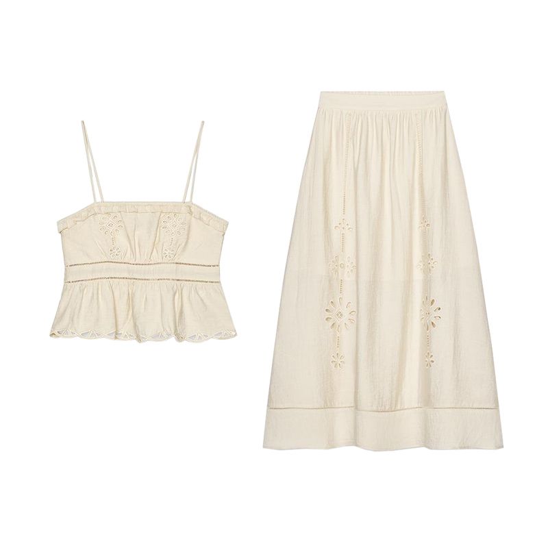 Cut Out Embroider Straight Collar Sling Short Tops 8741080 Cut Out Embroidered High Waist Midi Dress 8741081