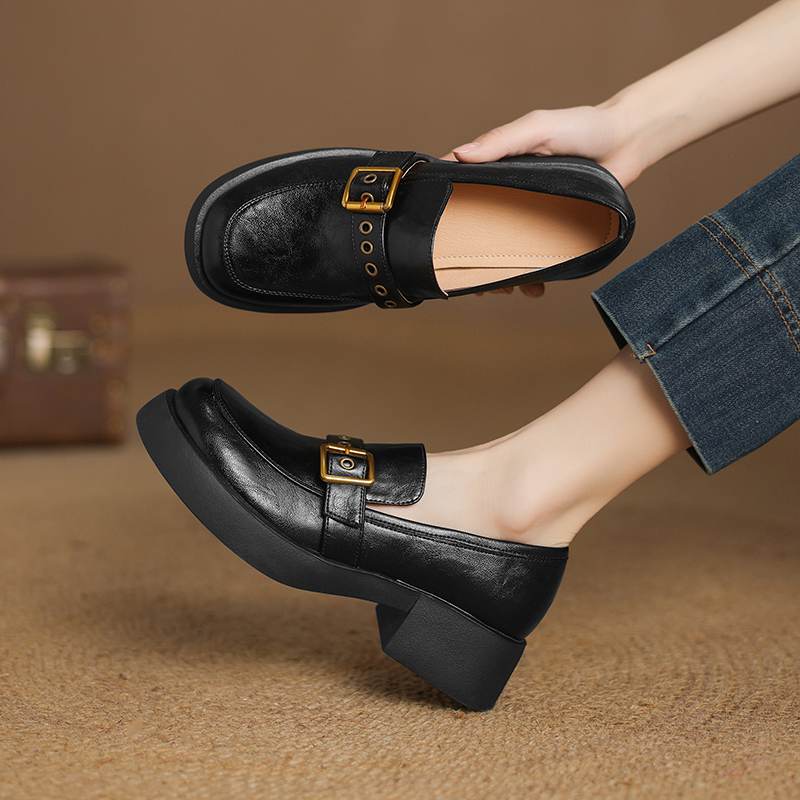 Krazing Pot Cow Skin Autumn Winter Shoes Chunky Heels Size 43 Size 42 Round Toe Slip on Metal Buckle Deep Mouth Pumps