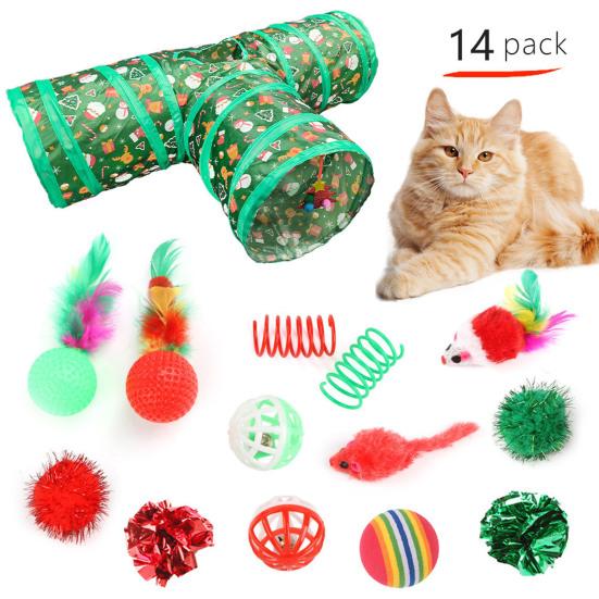 1 Set Christmas Cat Toys Cats Tunnel Rattle Ball Plush Mice Foldable 3-Way Tube Toy Interactive Play And Chew Toys for Indoor Cats And Kittens