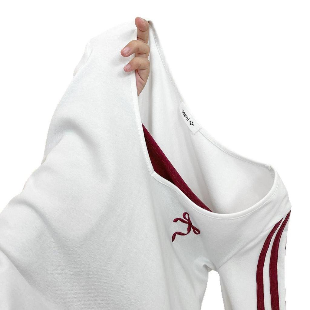 Women's Slim Fit Cropped Two-Piece Look T-Shirt: White Bow Embroidered Long-Sleeve for Spring/Autumn 2025
