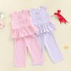 Baby Girl Summer Outfits Striped Bows Ruffled Hem Crew Neck Sleeveless Tank Tops and Pants 2 Pcs Set