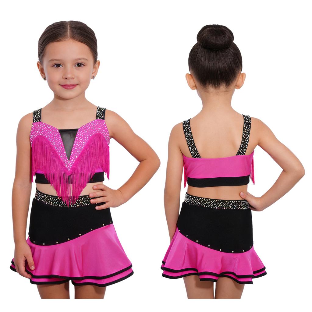 Kinder Mädchen Farbblock Latin Dance Crop Top Breite Schulterträger Quasten Strasssteine mit elastischem Bund Rock für Tango Rumba Gesellschaftstanz Performance