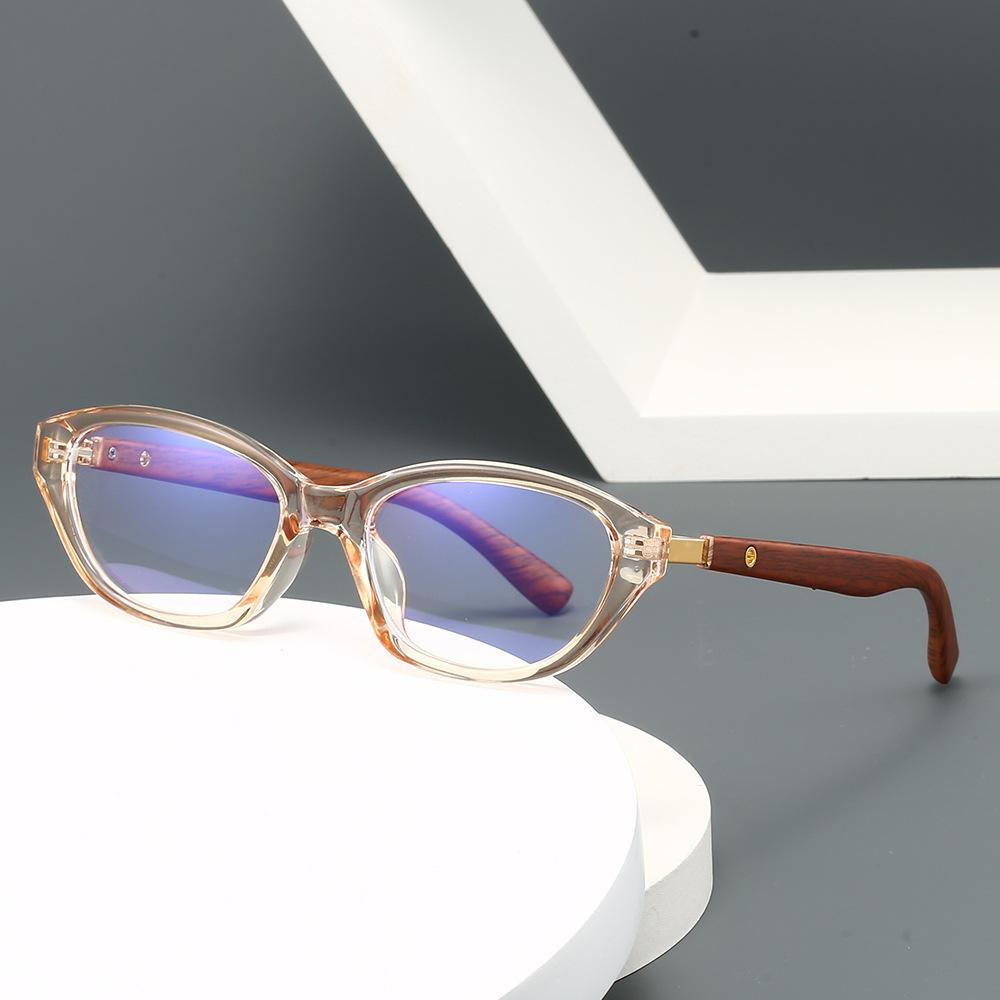 Fashionable And Personalized Cat Eye Photochromic Women'S Reading Glasses Retro Neutral Wood Grain Leg Anti Blue Light Glasses