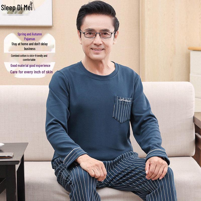 Men's Knitted Cotton Pajamas - Spring & Autumn, Skin-Friendly, Versatile Sleepwear, Ideal Father's Day Gift for Middle-Aged & Elderly.