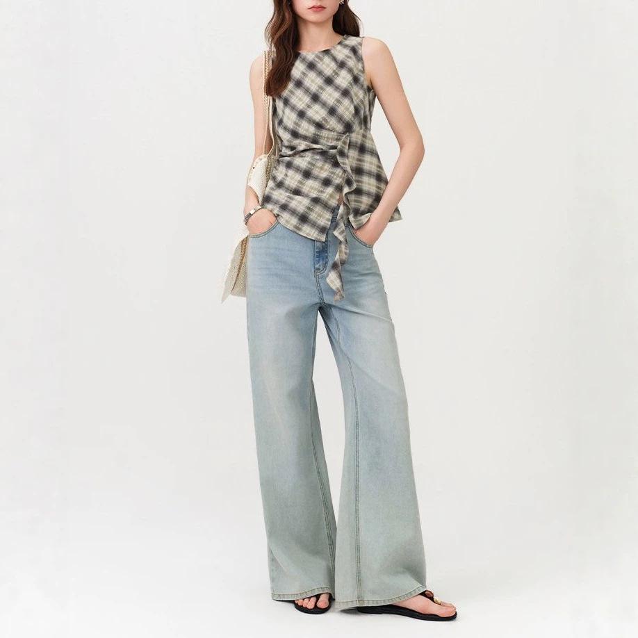 Versailles Lane Vintage Plaid Round Neck Slimming Sleeveless Shirt for Women, New Summer Ribbon Shirt